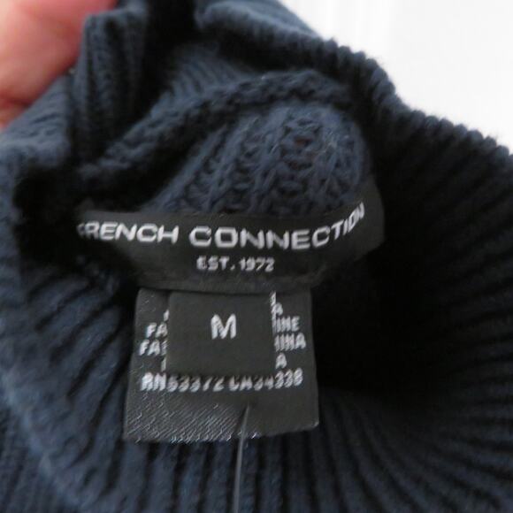 French Connection Womens Sz M Navy White Striped Mock Neck Knit Sweater Button - Picture 5 of 7